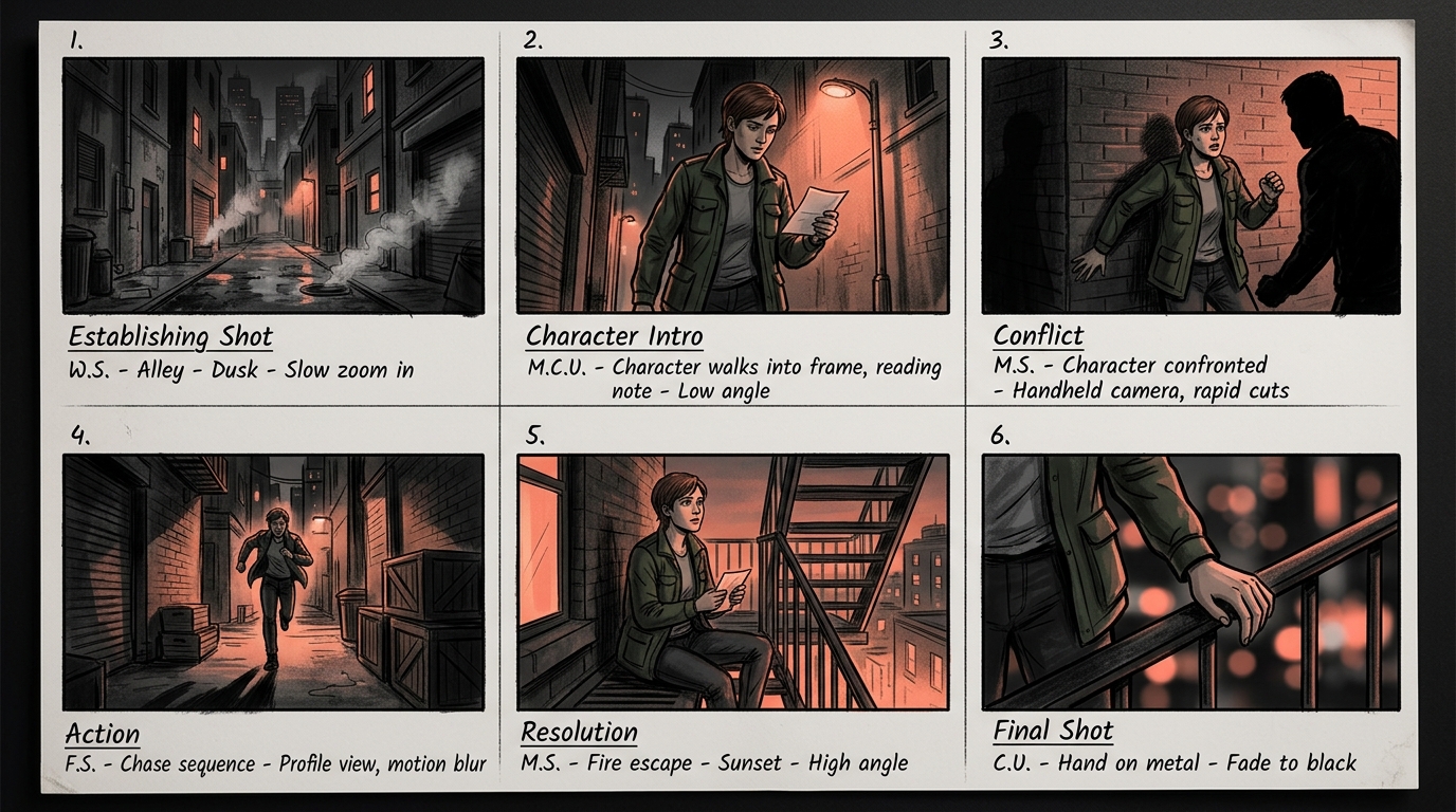 Storyboard panels showing a narrative sequence with consistent characters