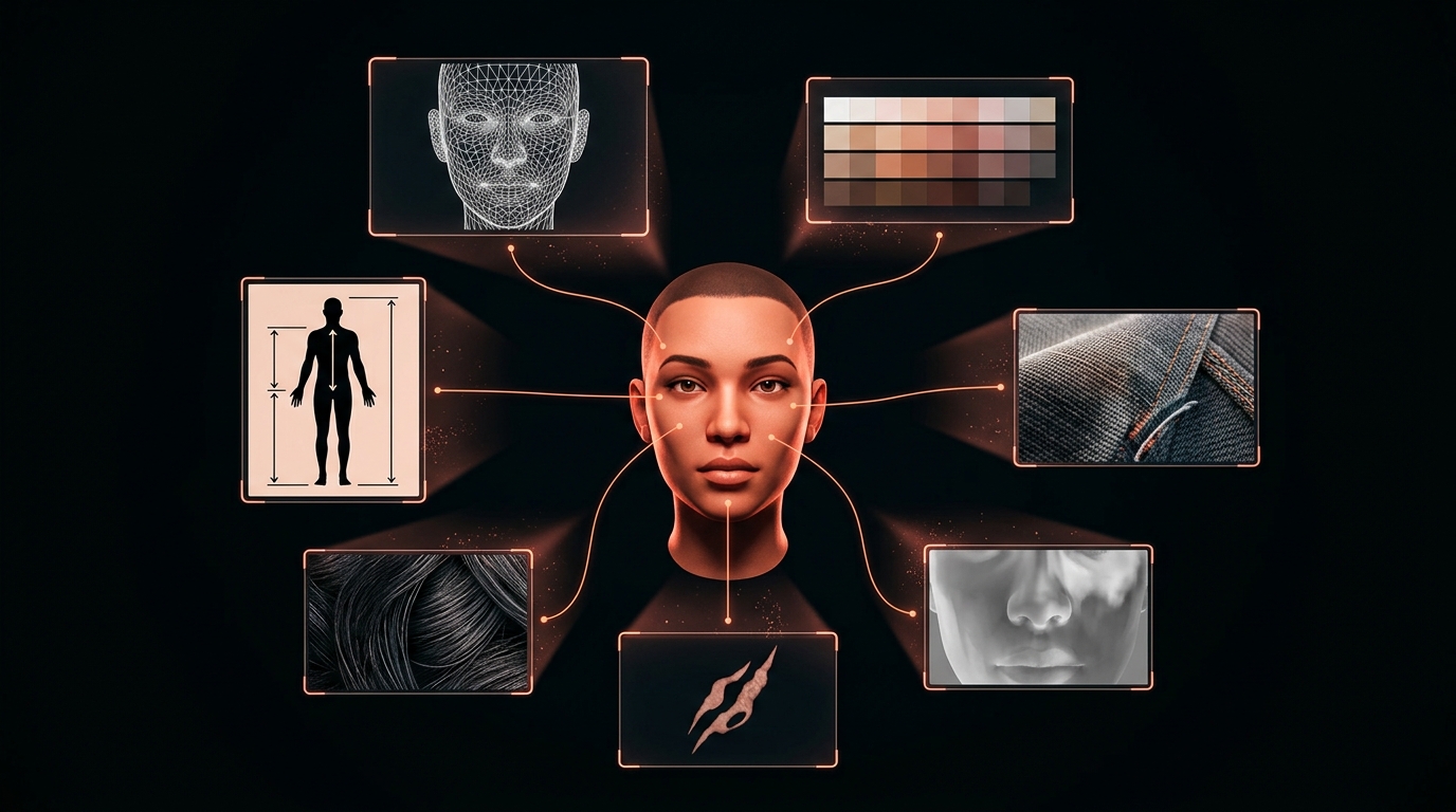 Exploded diagram showing 40+ visual attributes analyzed by Visual DNA