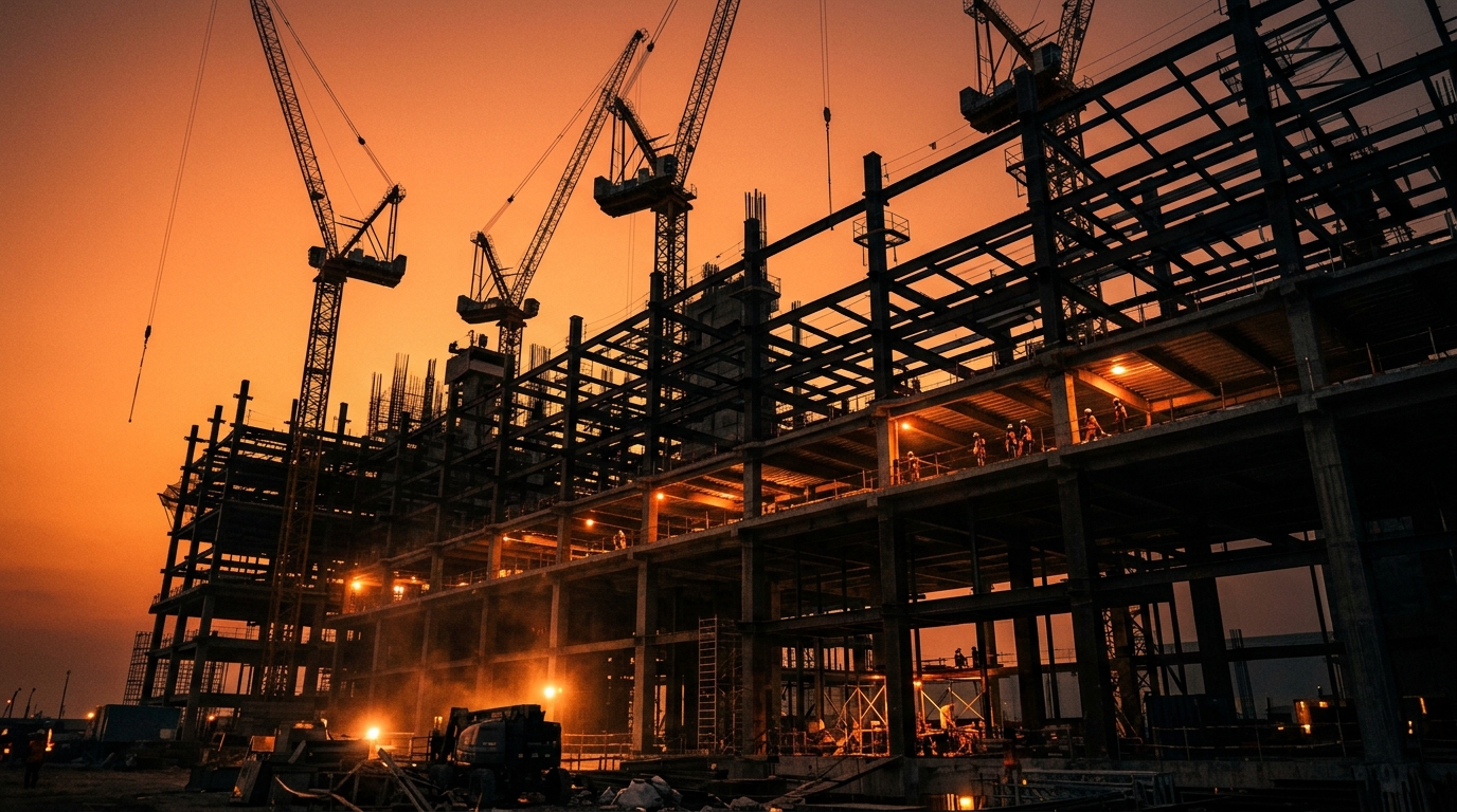 AI video production for construction showing a dramatic building site at golden hour with cranes and progress