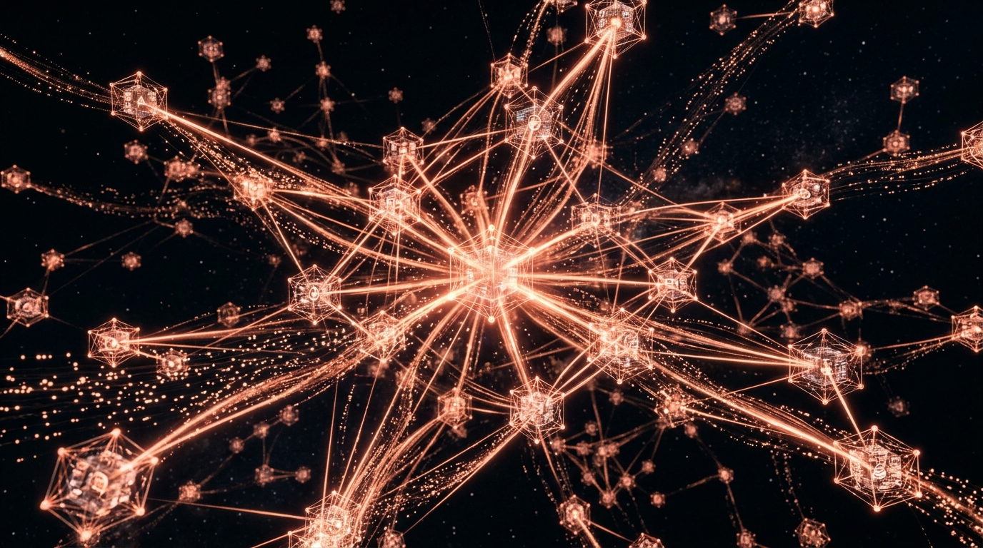 AI video production for crypto showing a futuristic blockchain visualization with interconnected glowing nodes