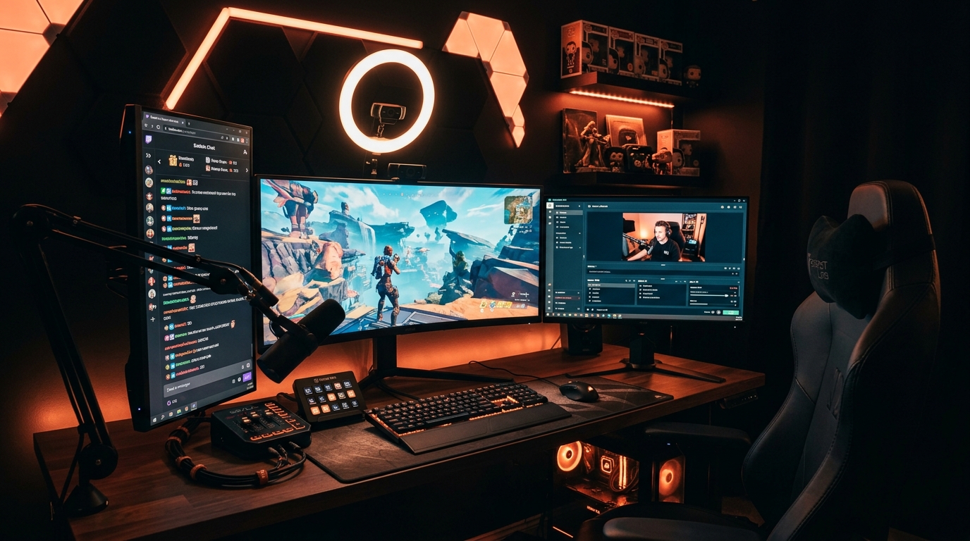 AI video production for streaming showing a content creator's setup with multiple screens and RGB lighting