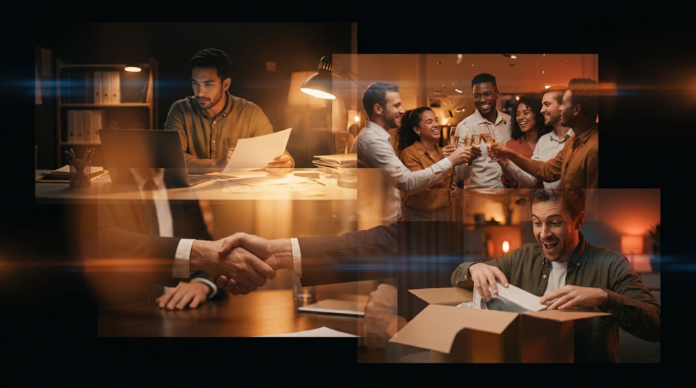 AI brand story video with an emotional montage of founder moments and company milestones