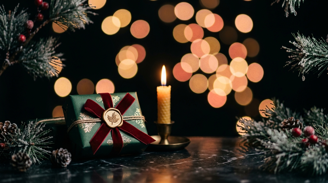 AI holiday greeting video with warm festive bokeh lights and an elegant gift arrangement