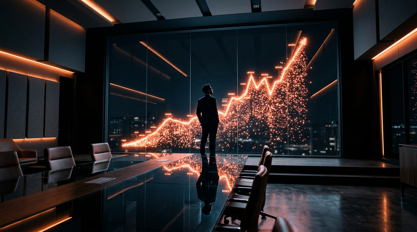 AI investor pitch video with a startup founder presenting before a glowing holographic growth chart