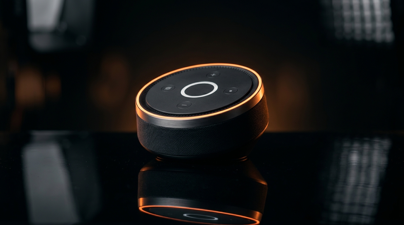 AI product demo video showing a sleek gadget with cinematic lighting on a dark reflective surface