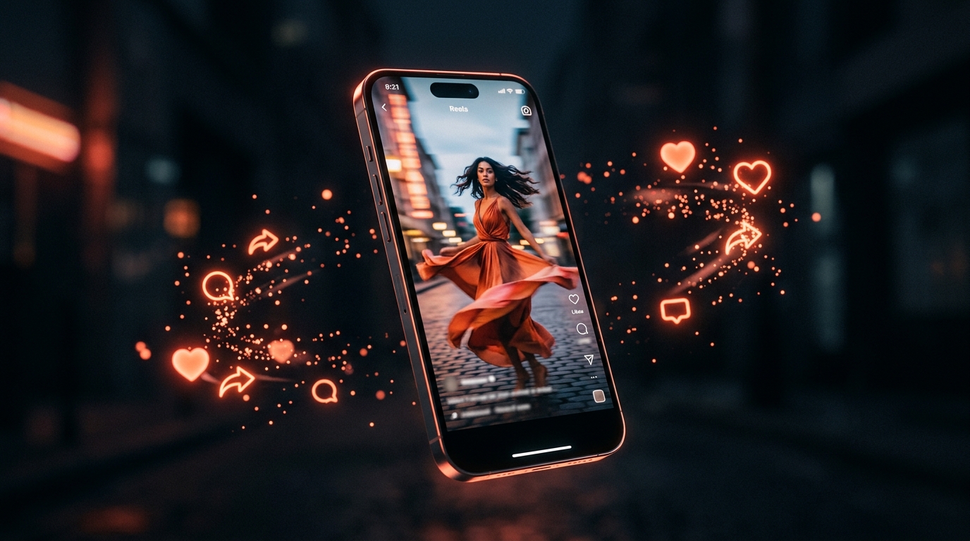 AI social media reel with dynamic vertical composition and bold visual effects on a smartphone screen