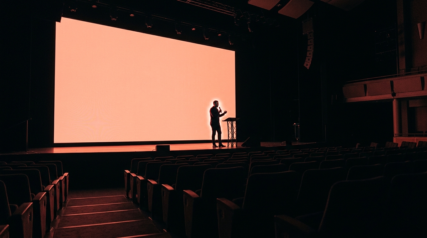 AI webinar promo video with a speaker silhouette against a large glowing presentation screen